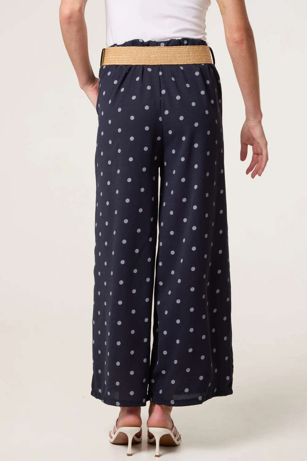 Navy Belted Polka Dot Wide Leg Trousers
