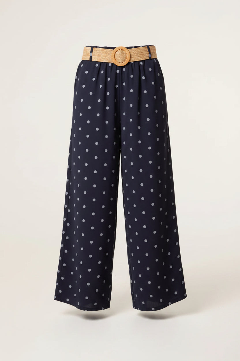 Navy Belted Polka Dot Wide Leg Trousers