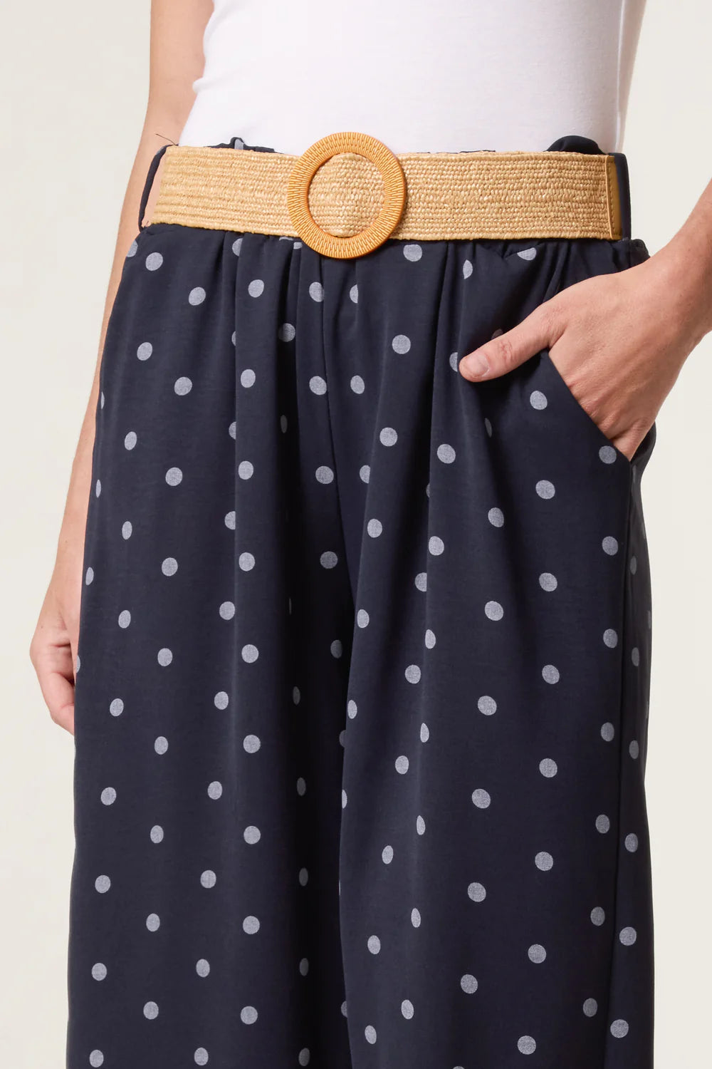 Navy Belted Polka Dot Wide Leg Trousers