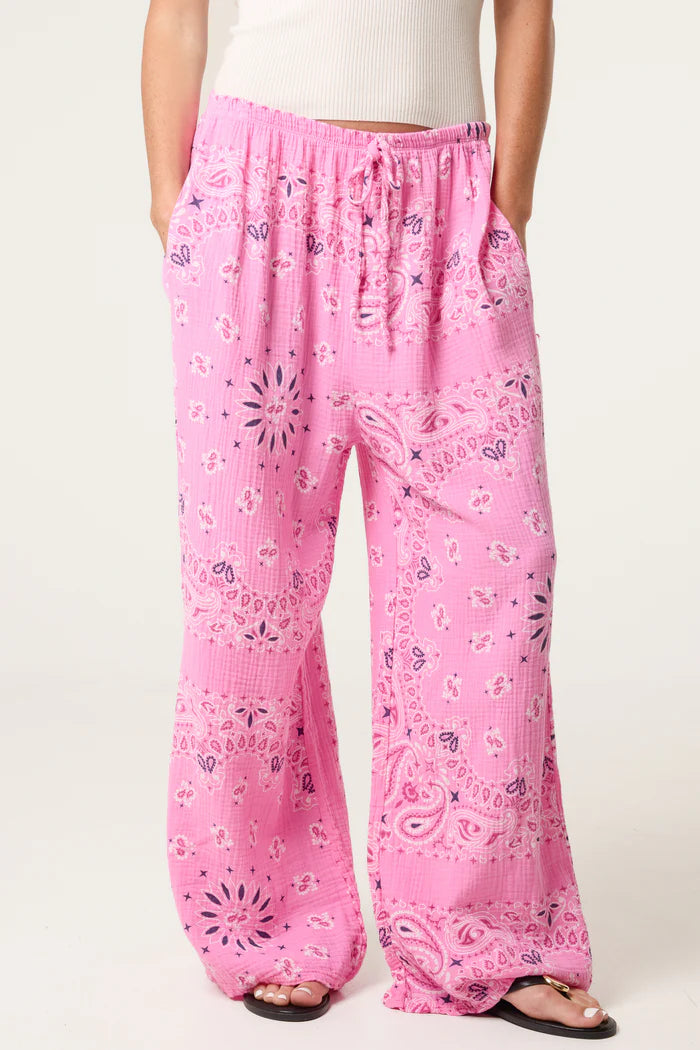 Bubblegum Pink Bandana Print Cotton Cheesecloth Trousers