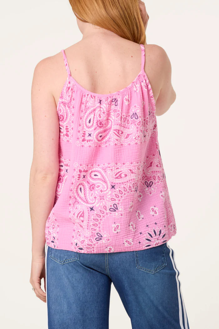 Pink Bandana Print Cotton Cheesecloth Strappy Top
