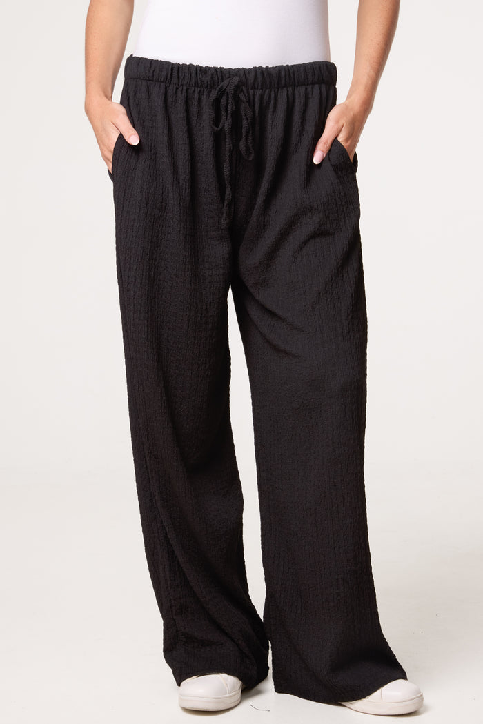 Black Textured Wide Leg Trousers