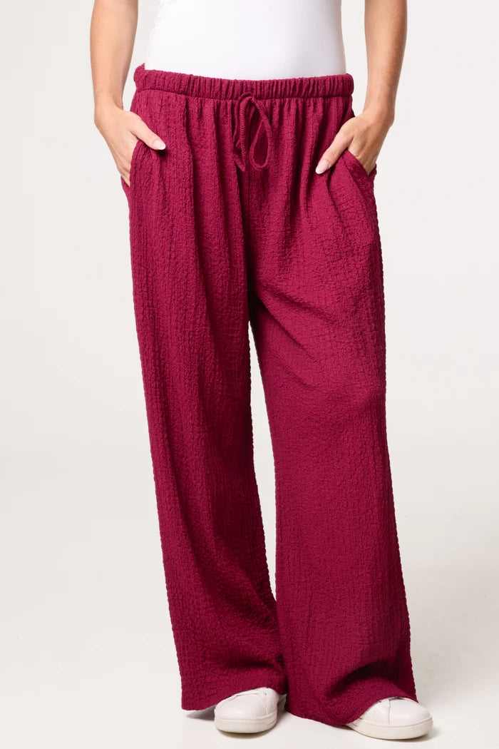 Wine Textured Wide Leg Trousers