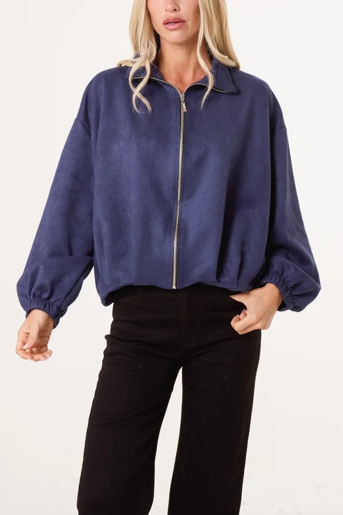 Navy Suede Effect 70s Style Jacket