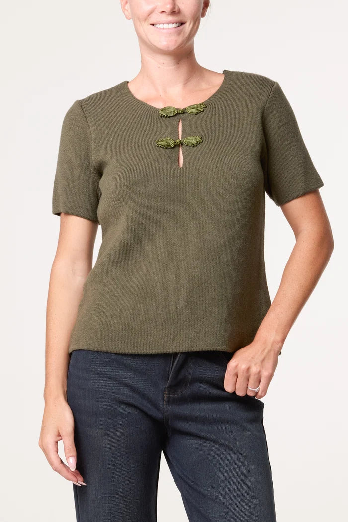 Khaki Oriental Collar Knit Top
