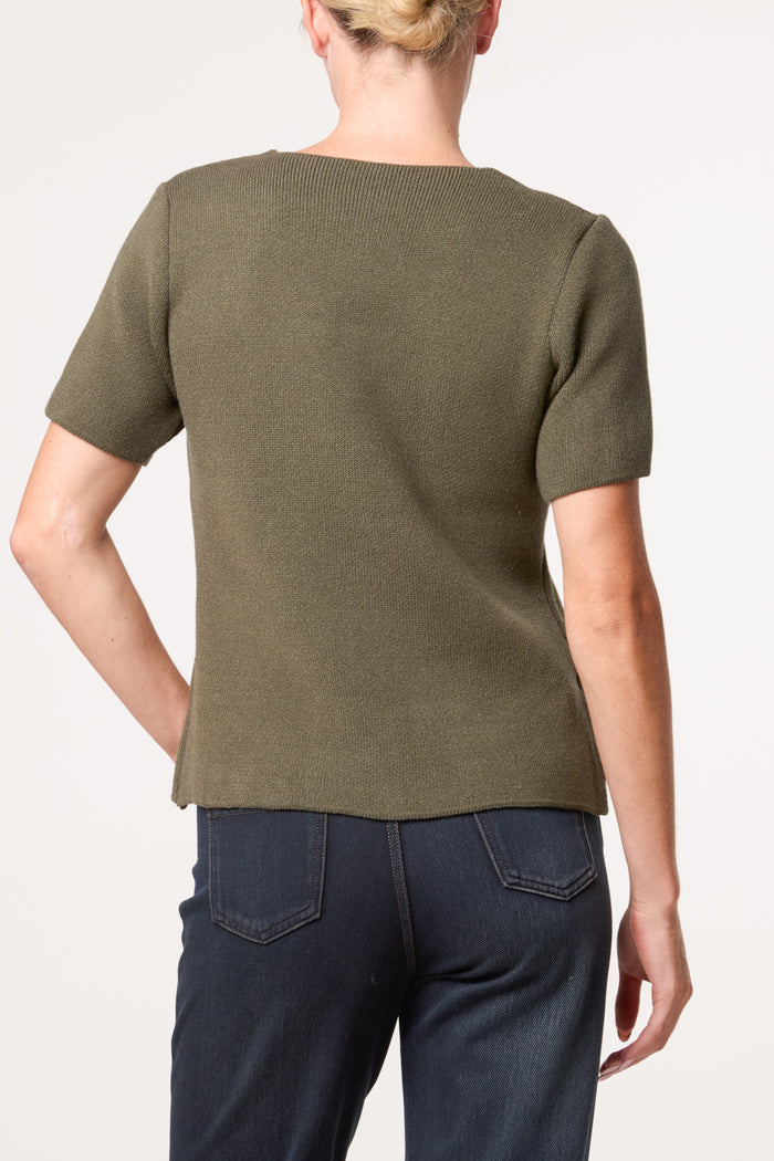 Khaki Oriental Collar Knit Top