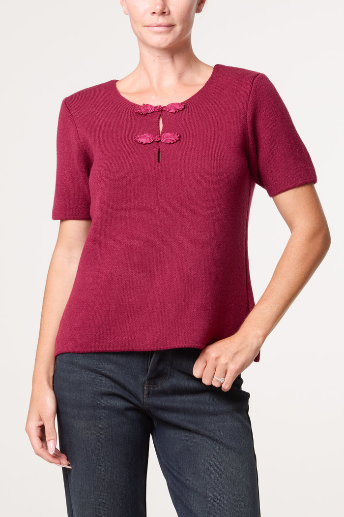 Wine Oriental Collar Knit Top