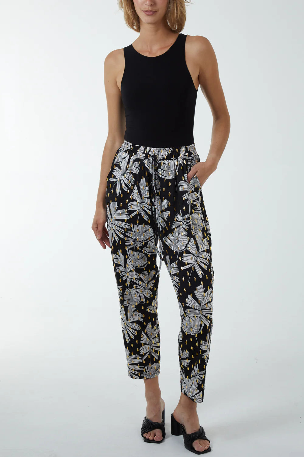 Black Gold Foil Leaf Capri Trousers