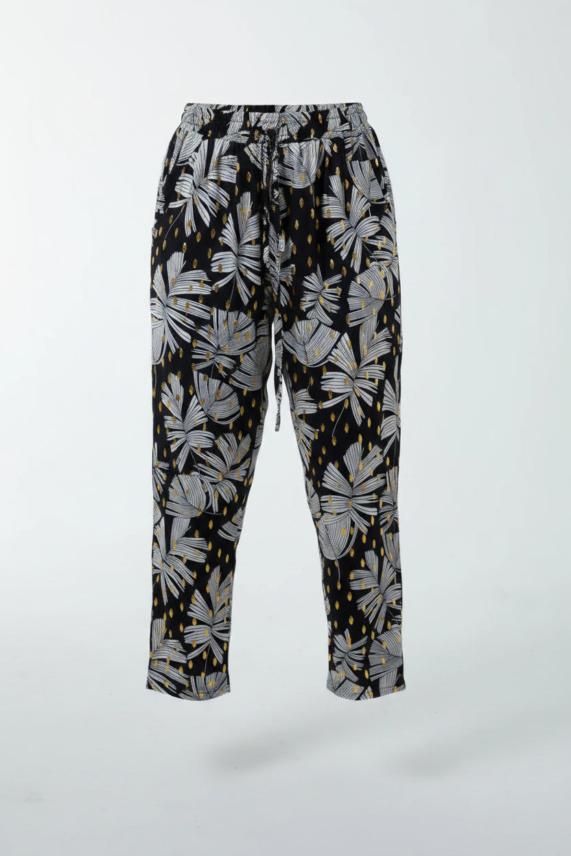 Black Gold Foil Leaf Capri Trousers