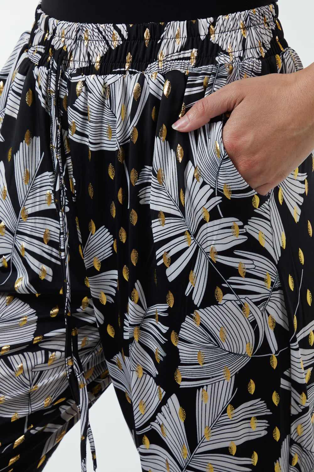 Black Gold Foil Leaf Capri Trousers