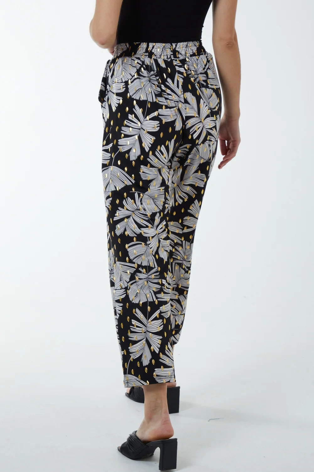 Black Gold Foil Leaf Capri Trousers