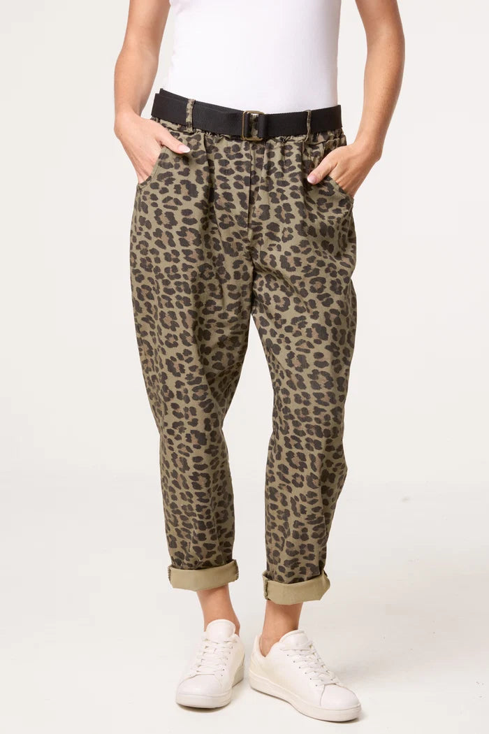 Khaki Leopard Belted Trousers