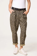 Khaki Leopard Belted Trousers