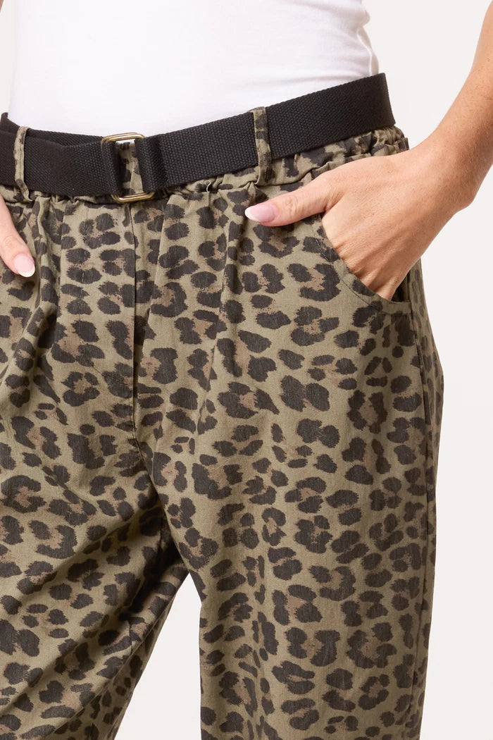Khaki Leopard Belted Trousers