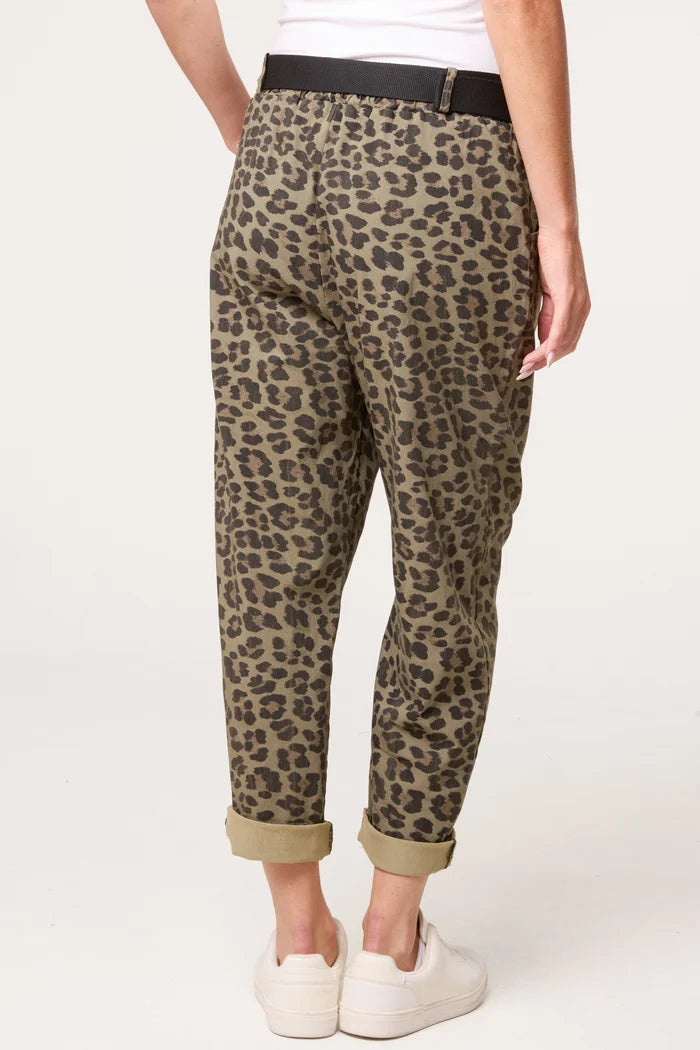 Khaki Leopard Belted Trousers