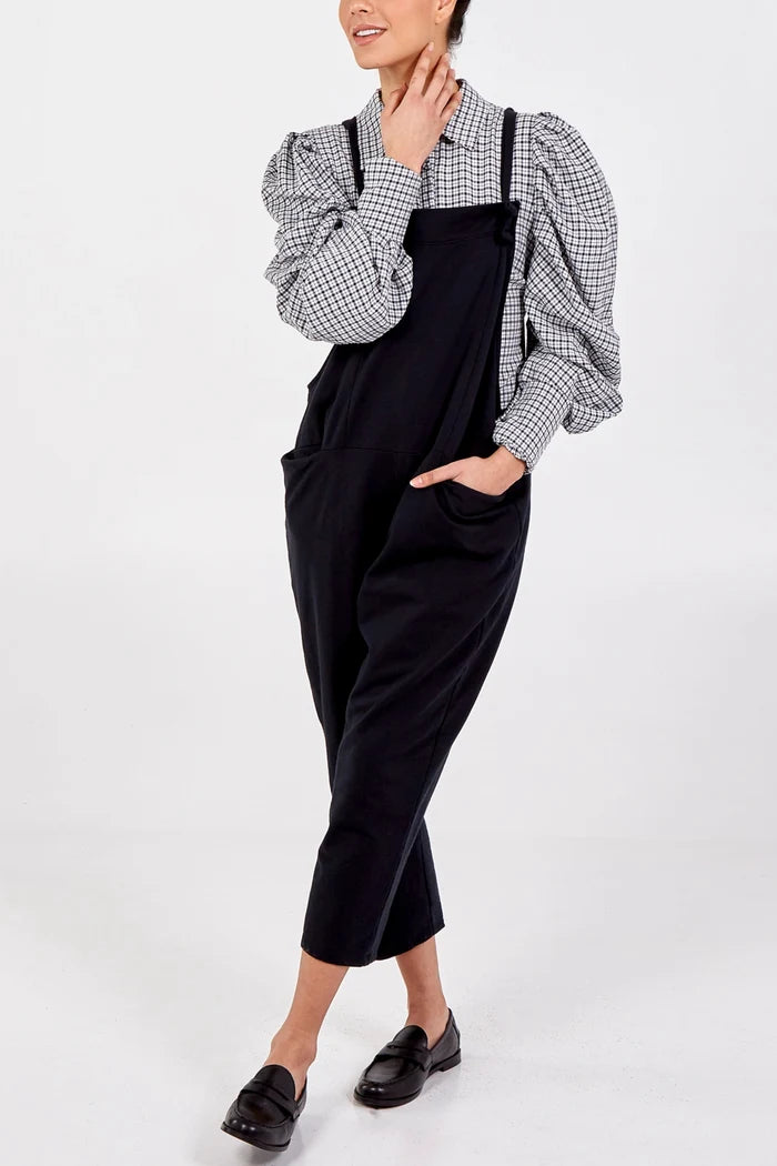 Black Bow Detail Cotton Dungarees