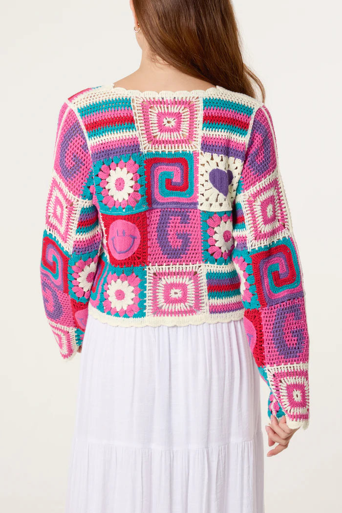 Pink Retro Patchwork Cardigan