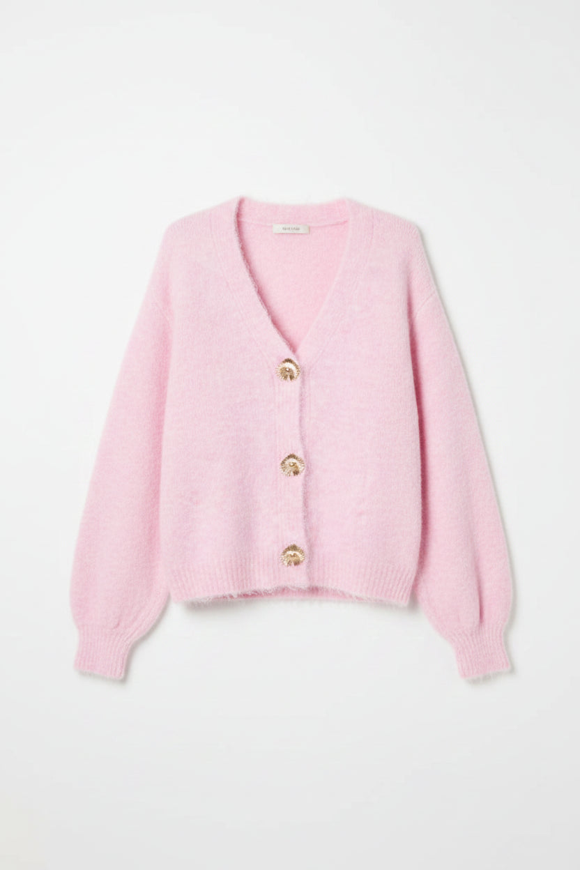 Bubblegum Pink Gold Shell Button Cardigan