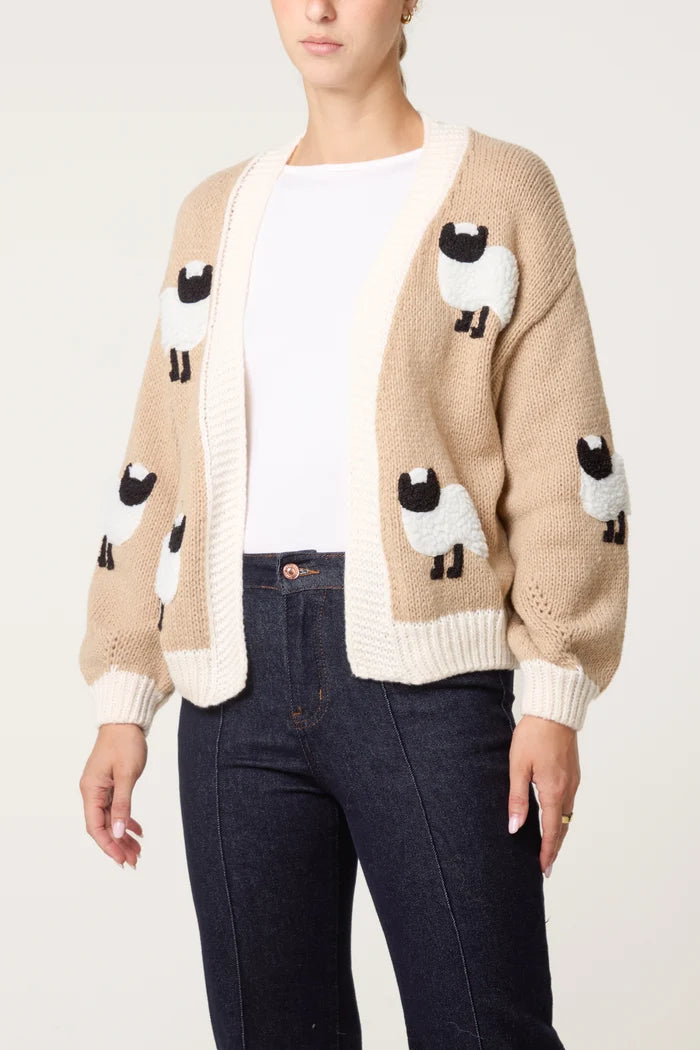 Beige Retro Style Knitted Sheep Cardigan