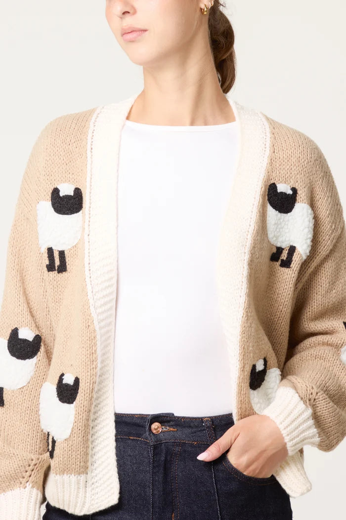 Beige Retro Style Knitted Sheep Cardigan