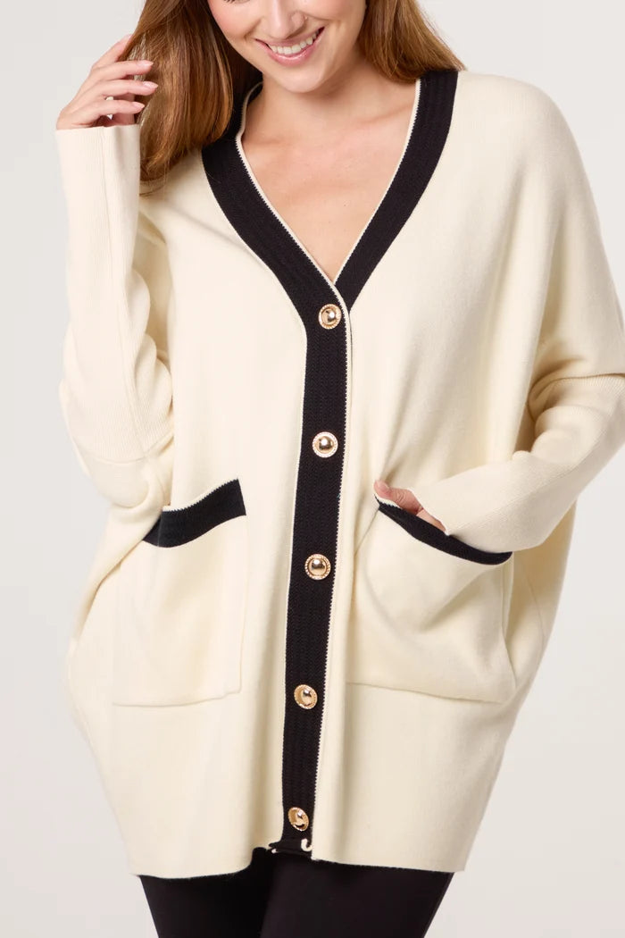 Cream and Black Gold Button Classic Cardigan