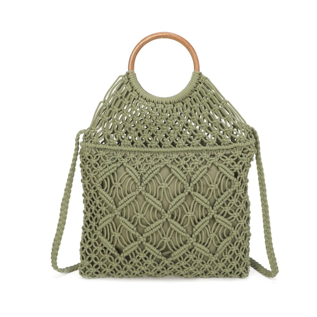 Wooden Handle Crochet Cross Body Bag