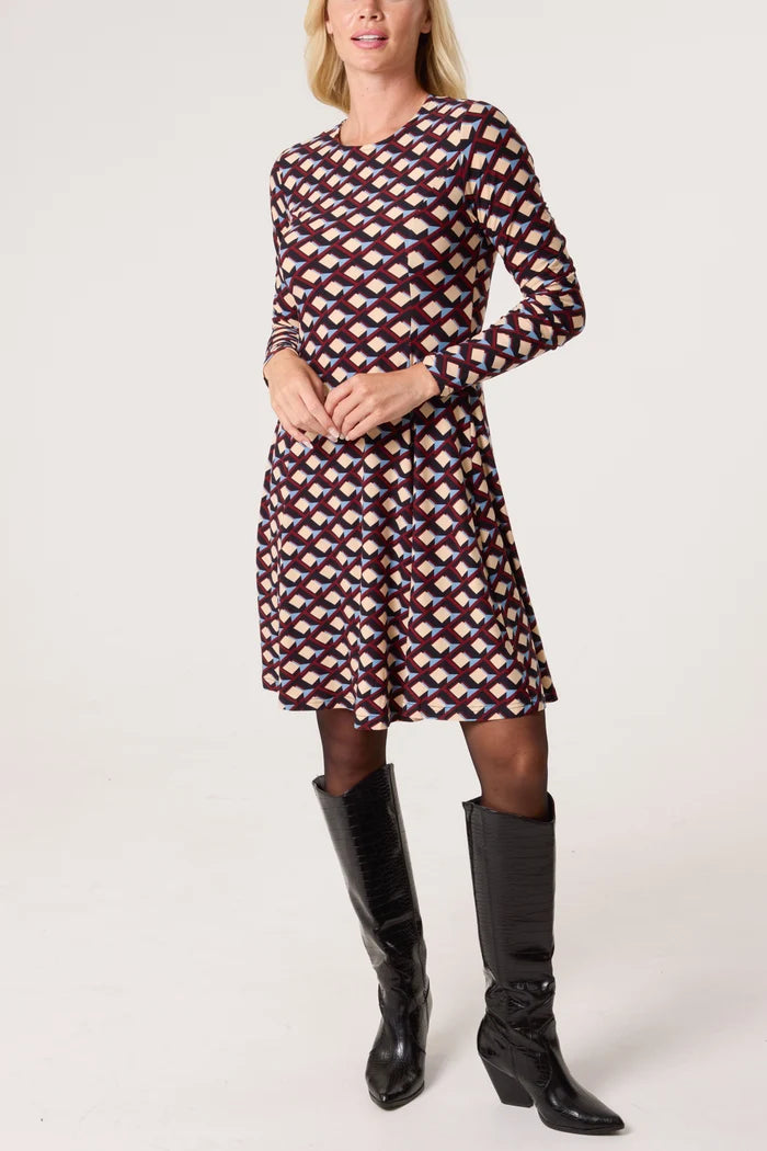 Retro Print Geometric Flare Mini Dress
