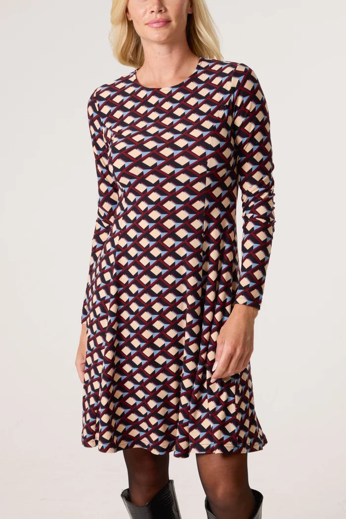 Retro Print Geometric Flare Mini Dress