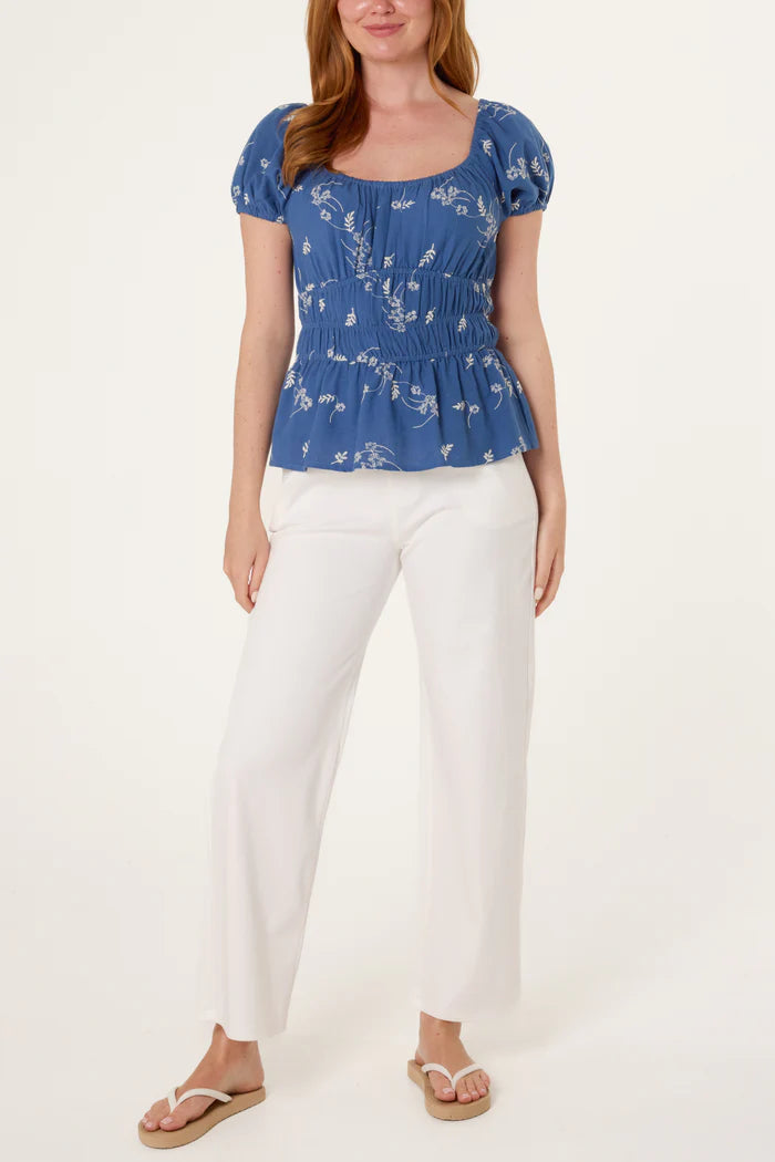 Denim Floral Embroidery Peplum Top
