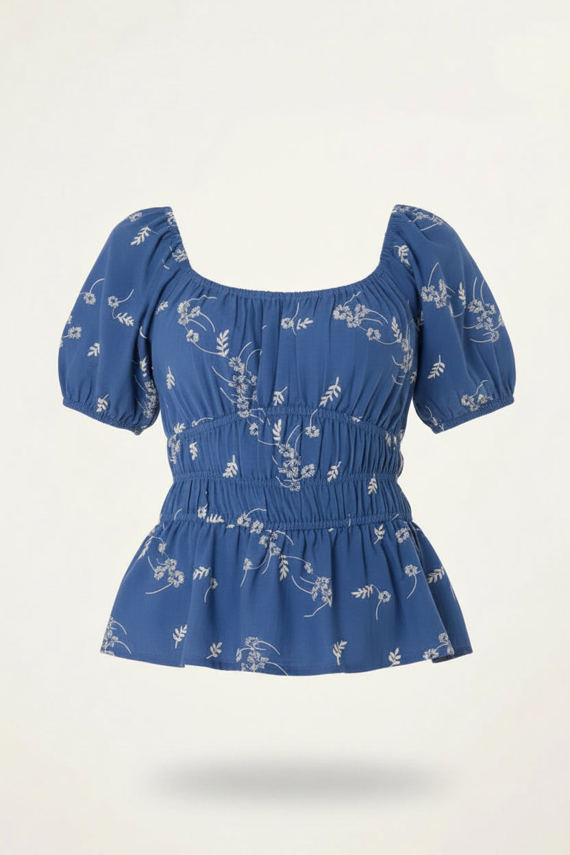 Denim Floral Embroidery Peplum Top