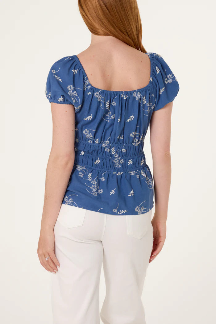 Denim Floral Embroidery Peplum Top