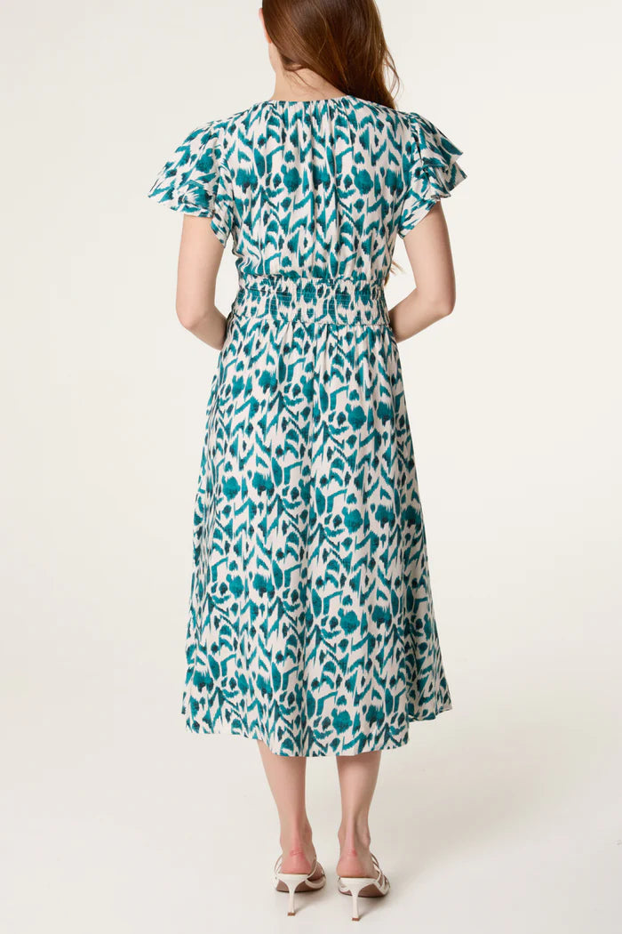 Teal Ikat Print Shirred Dress