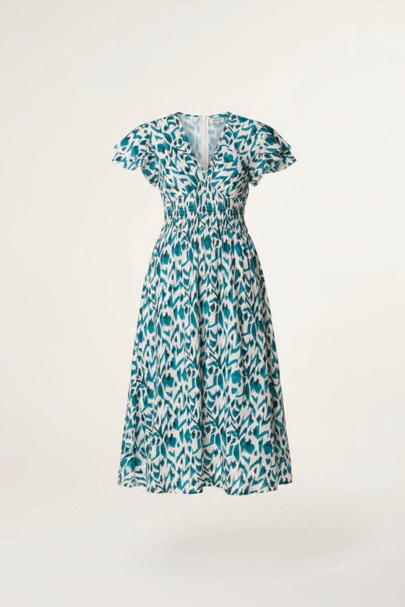 Teal Ikat Print Shirred Dress