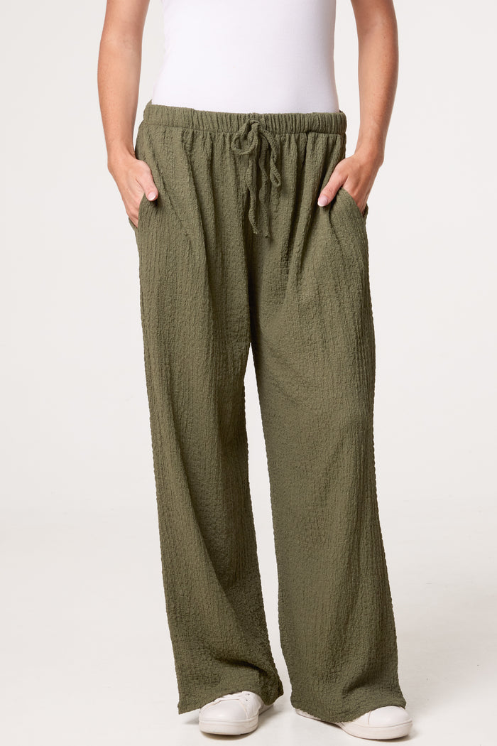 Khaki Textured Wide Leg Trousers
