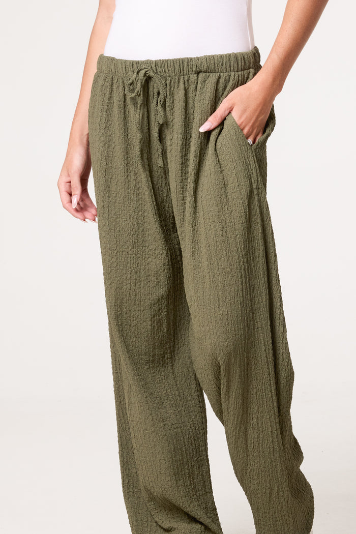 Khaki Textured Wide Leg Trousers