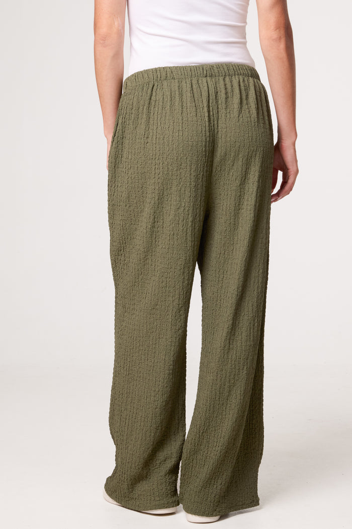 Khaki Textured Wide Leg Trousers
