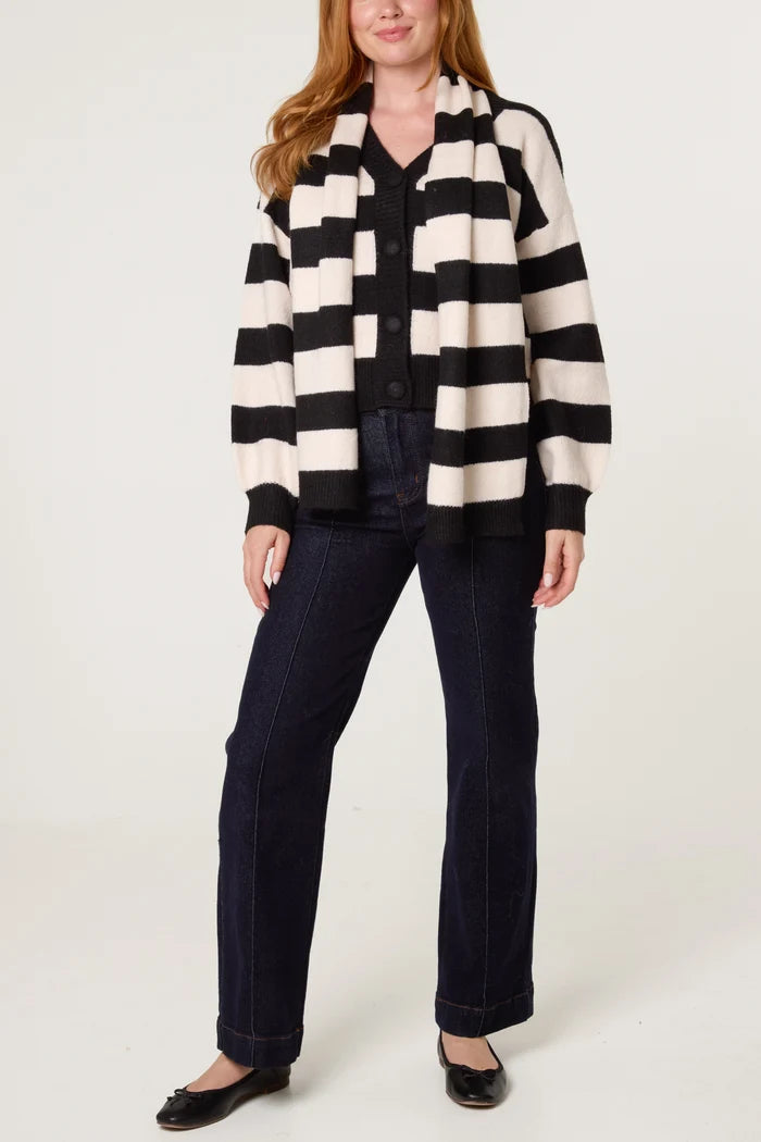 Black and Cream Striped Cardigan With Scarf
