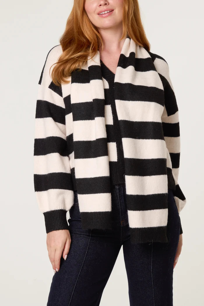 Black and Cream Striped Cardigan With Scarf
