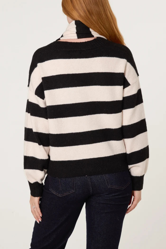 Black and Cream Striped Cardigan With Scarf