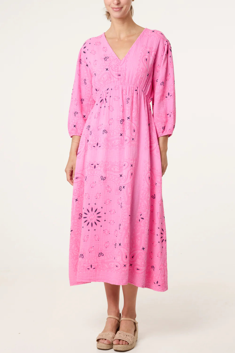 Bubble Gum Pink Bandana Print Midi Dress