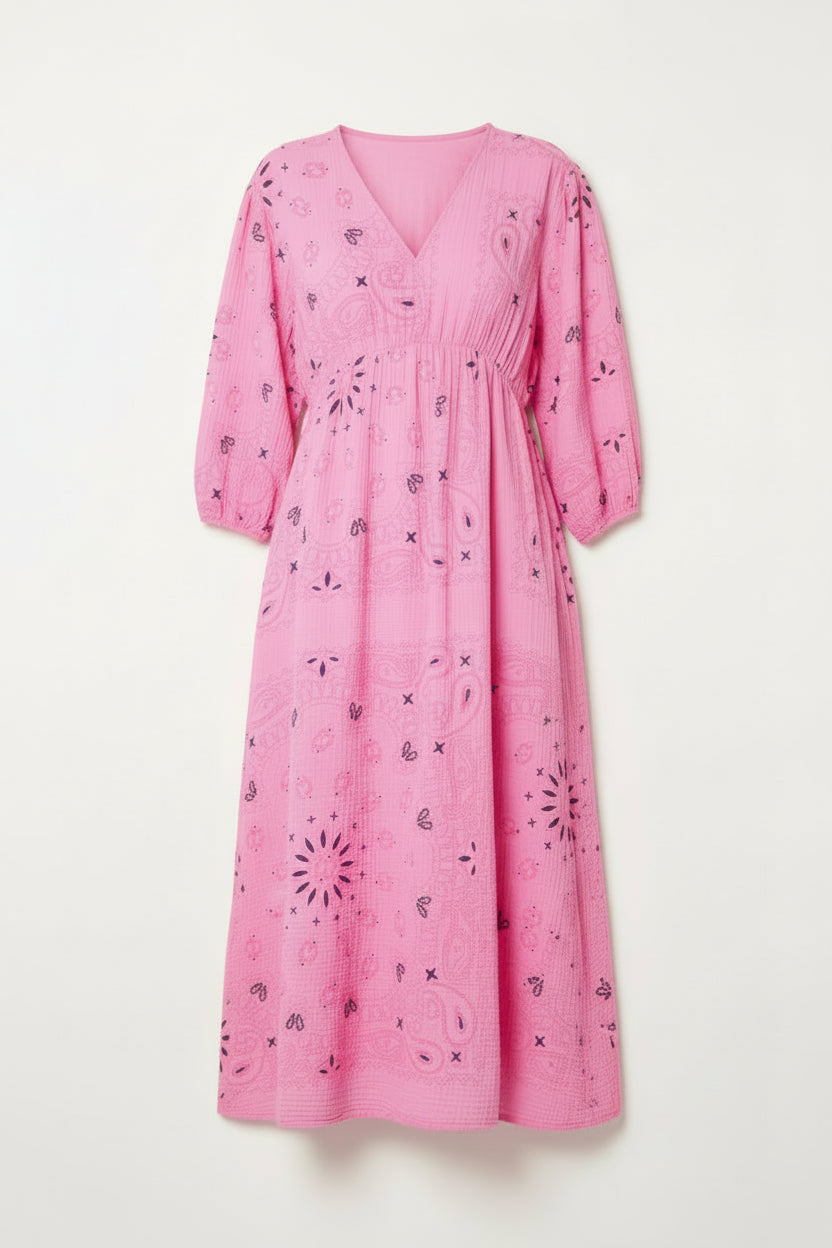 Bubble Gum Pink Bandana Print Midi Dress