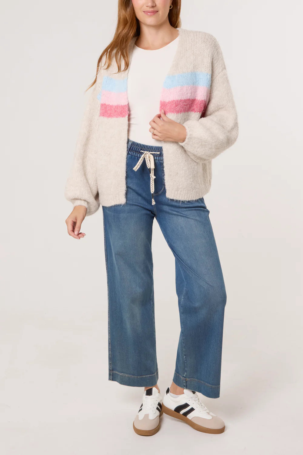 Ivory Balloon Sleeve Stripe Knit Cardi