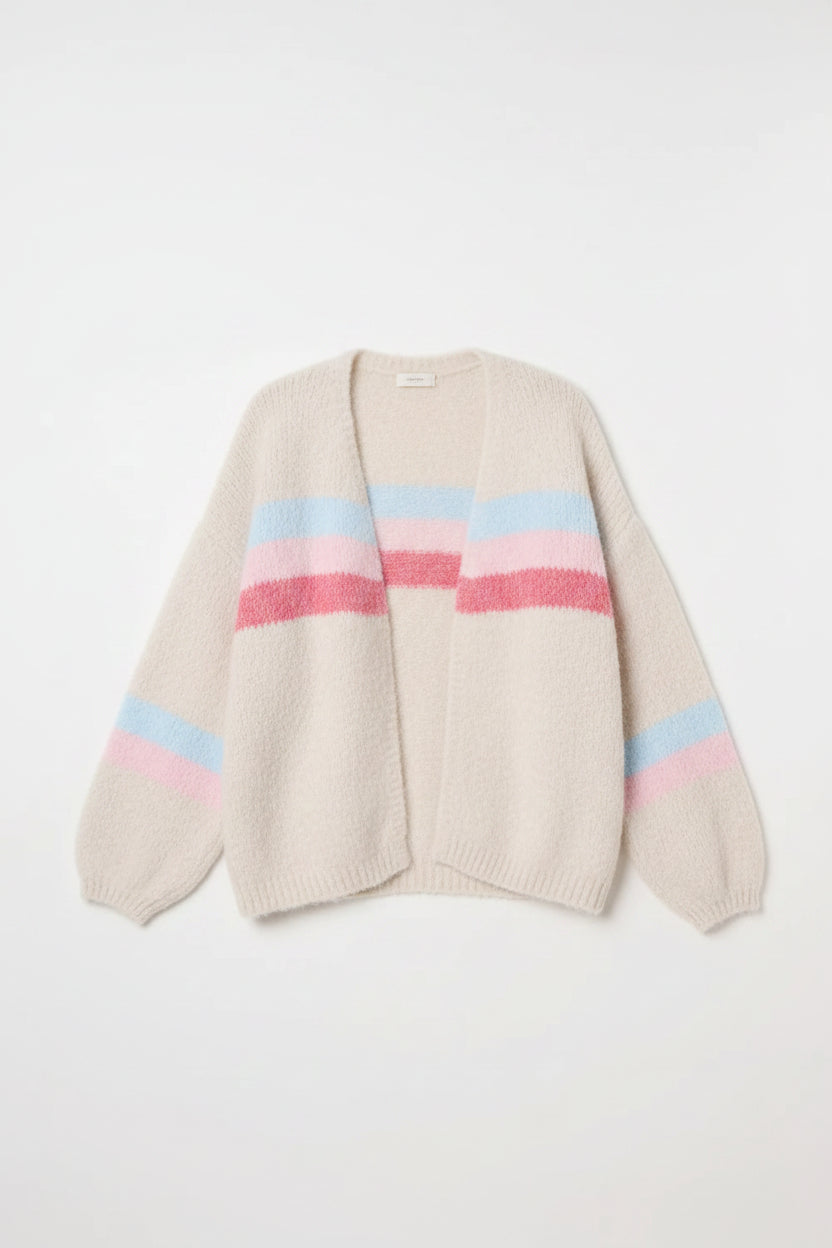 Ivory Balloon Sleeve Stripe Knit Cardi