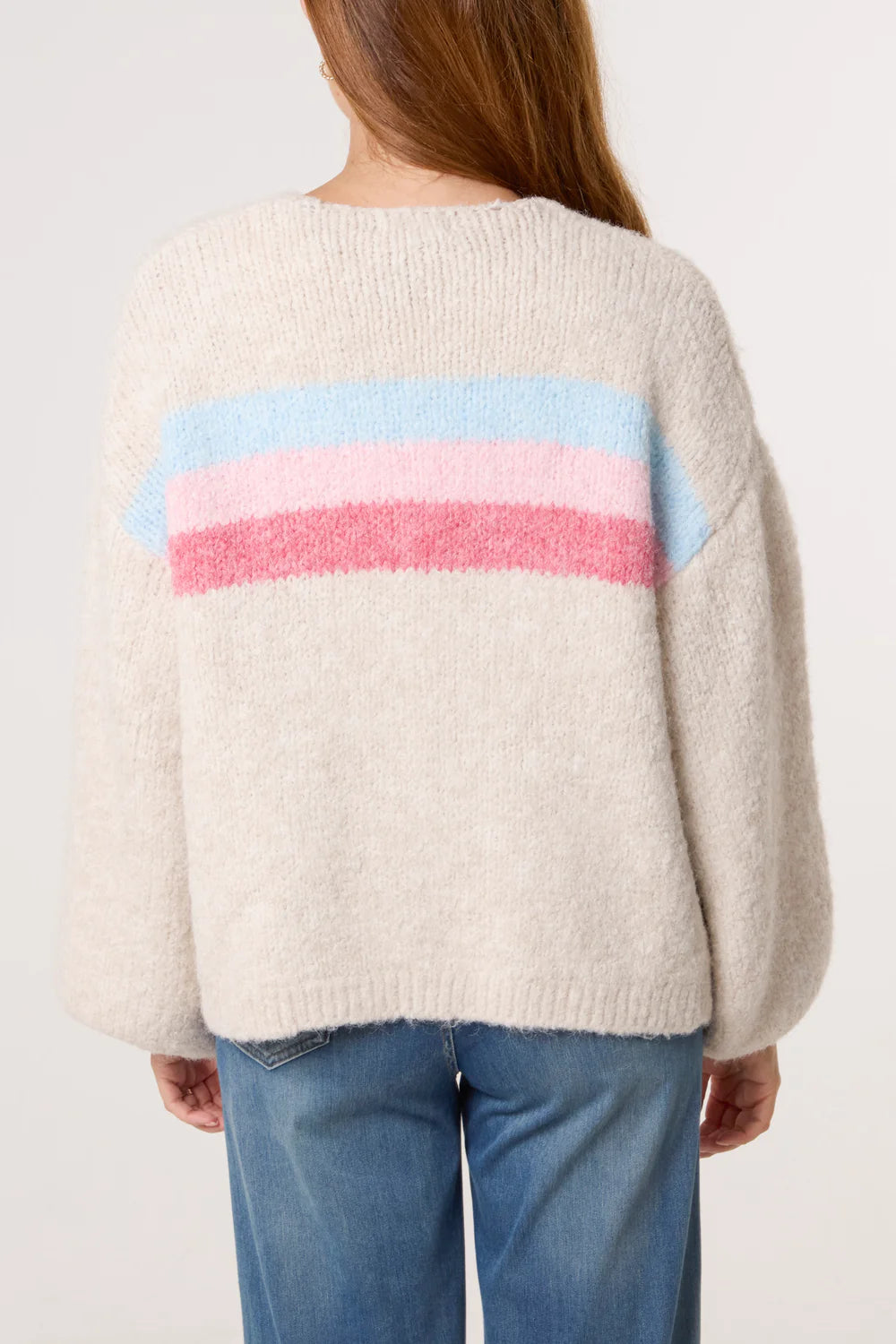 Ivory Balloon Sleeve Stripe Knit Cardi