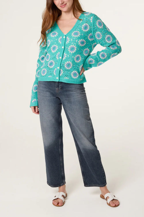 Aqua V Neck Crochet Cardigan