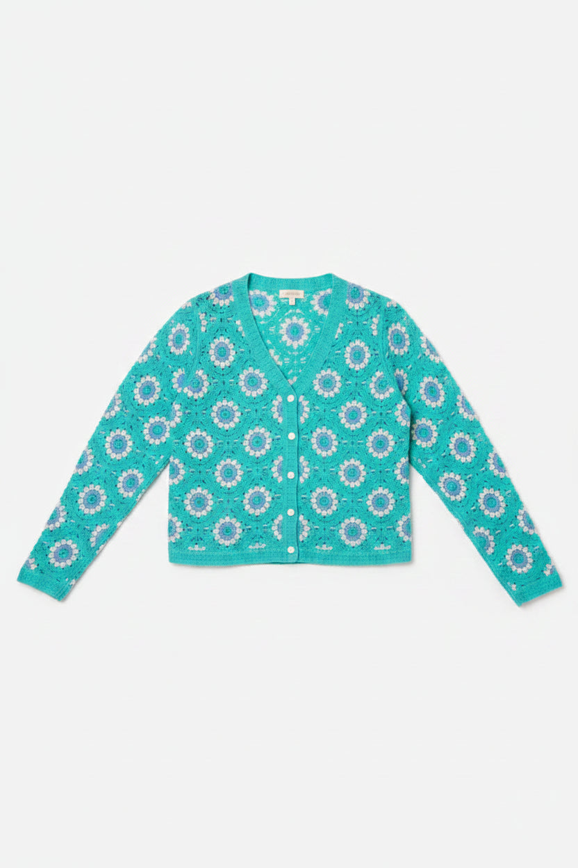 Aqua V Neck Crochet Cardigan