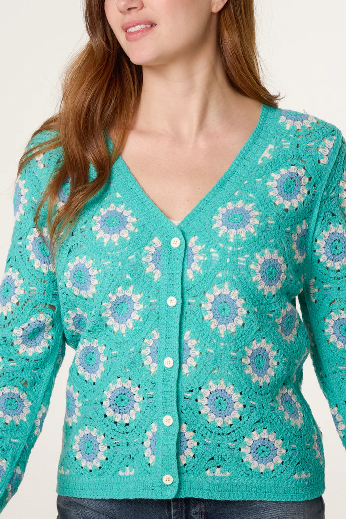 Aqua V Neck Crochet Cardigan