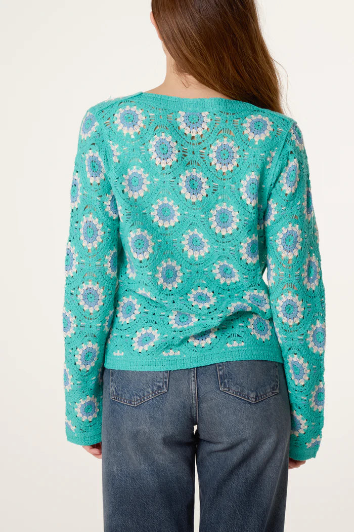 Aqua V Neck Crochet Cardigan
