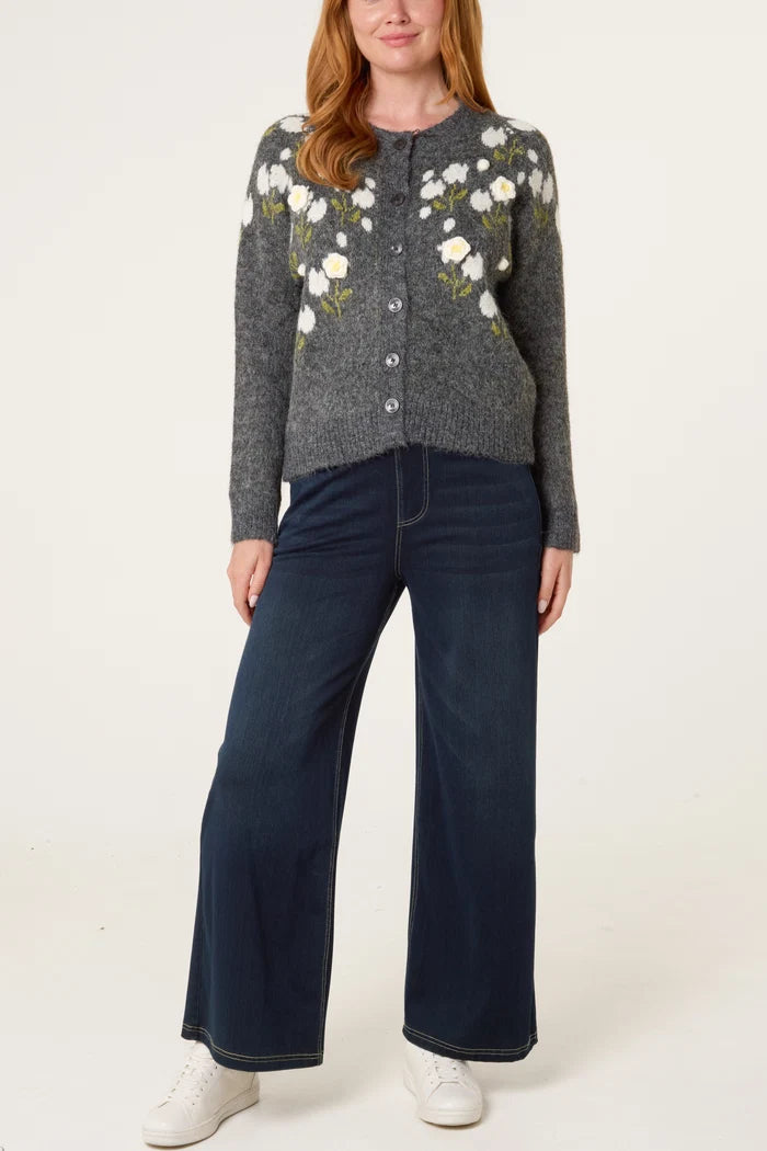 Grey Embroidered Floral Cardigan