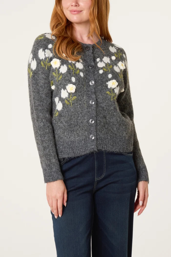 Grey Embroidered Floral Cardigan